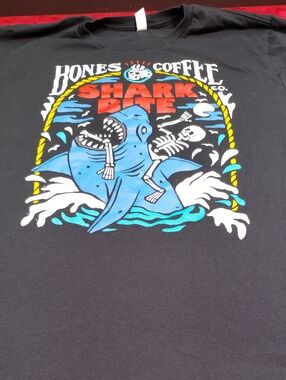 Bella Canvas Black Tee with Blue Shark Bite Graphic and Red Text